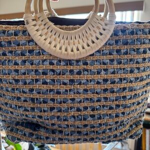 America & Beyond Blue Lurex Wicker Handle Tote